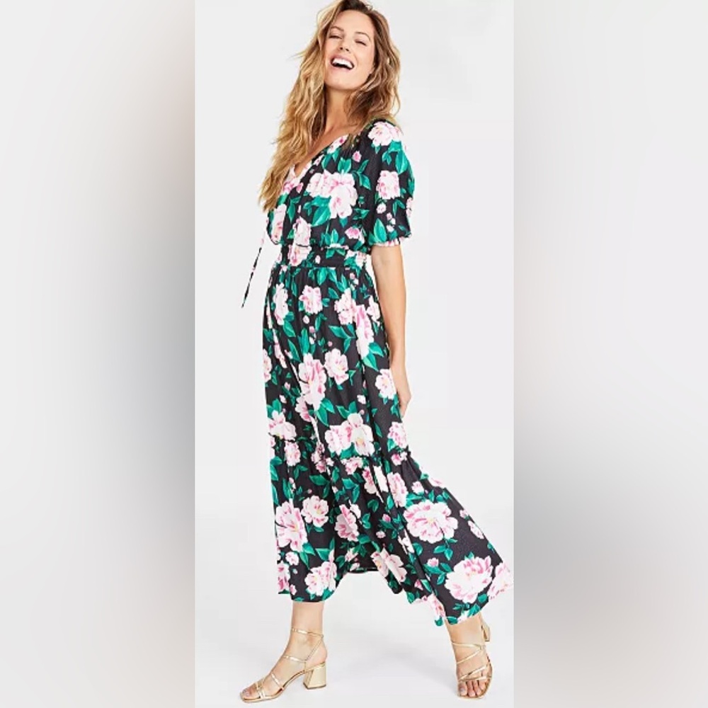 ON 34TH  Womens Floral Print Elbow-Sleeve Tiered Maxi Dress
